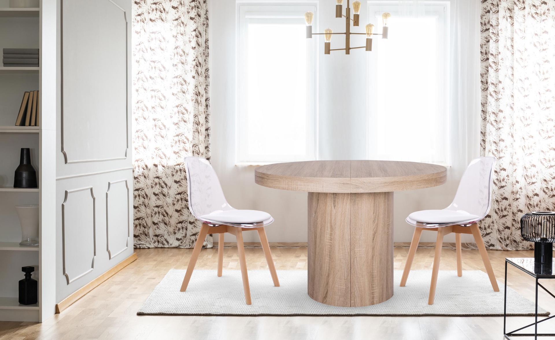 Bovary Plexi Set mit 2 skandinavischen Stühlen Weiß