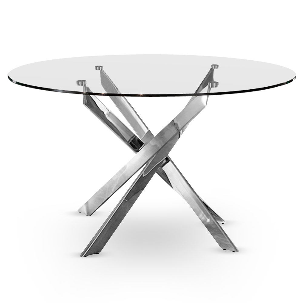Table ronde en verre transparent et pieds en métal chromé Croisade Chrome