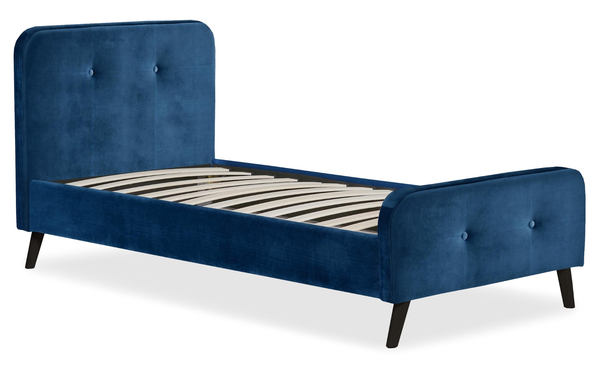 Delano Skandinavisches Bett mit Kopfteil und Lattenrost 90x190cm, Samtbezug Blau