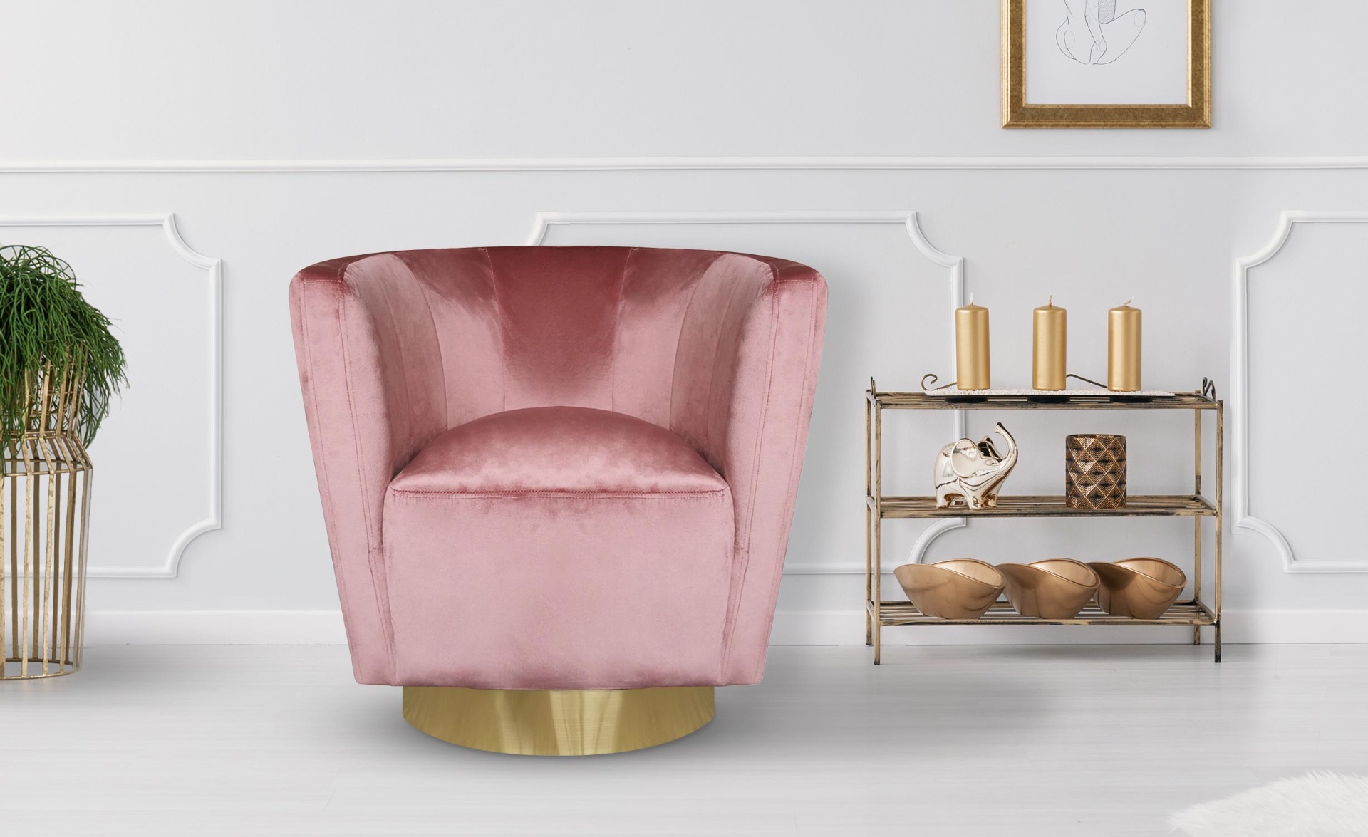 Denver Runder Sessel mit goldenem Sockel und Samtbezug Rosa