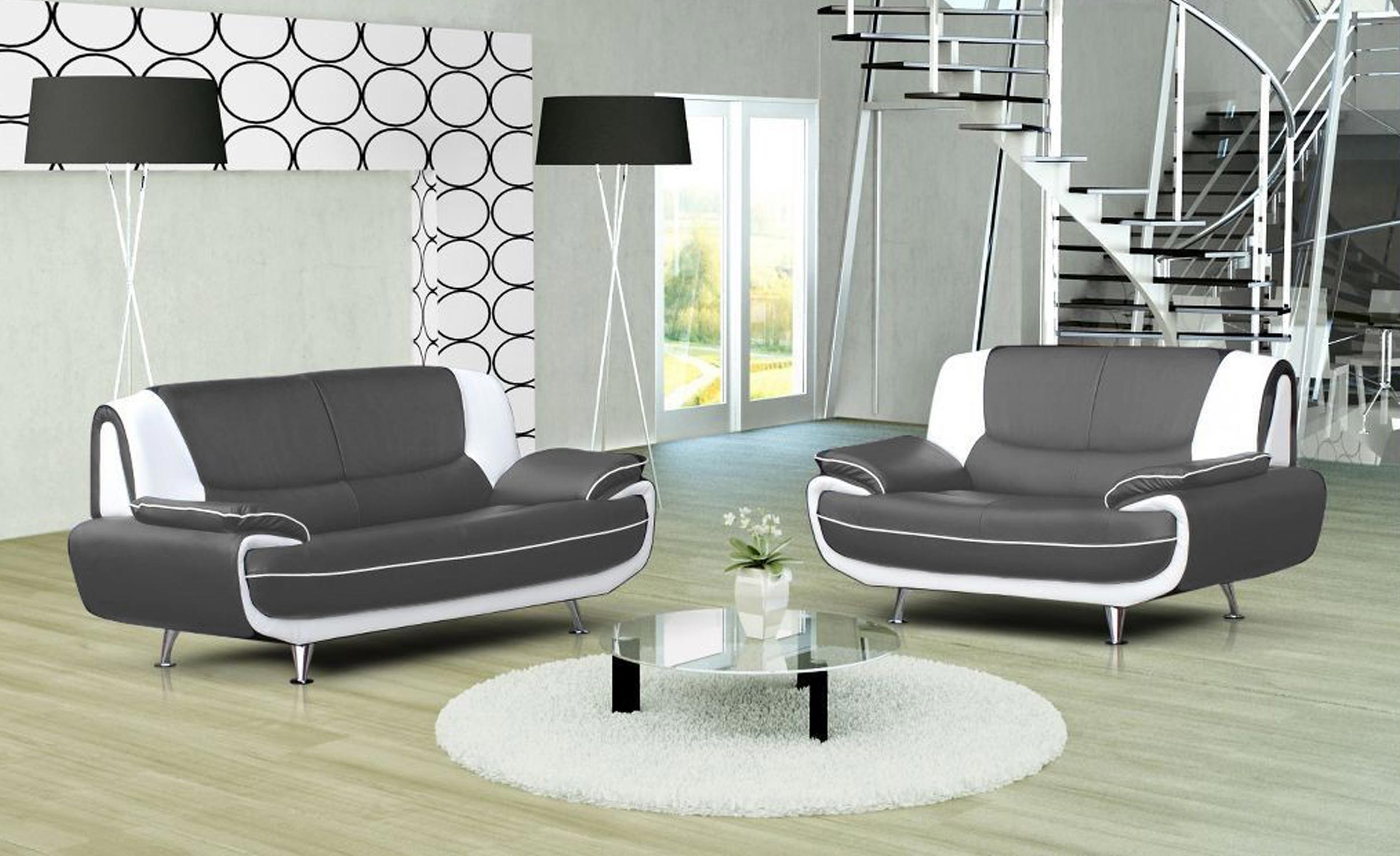 Palermos 3 + 2 Sitzer Sofa Set zweifarbiges Kunstleder Grau und Weiß 