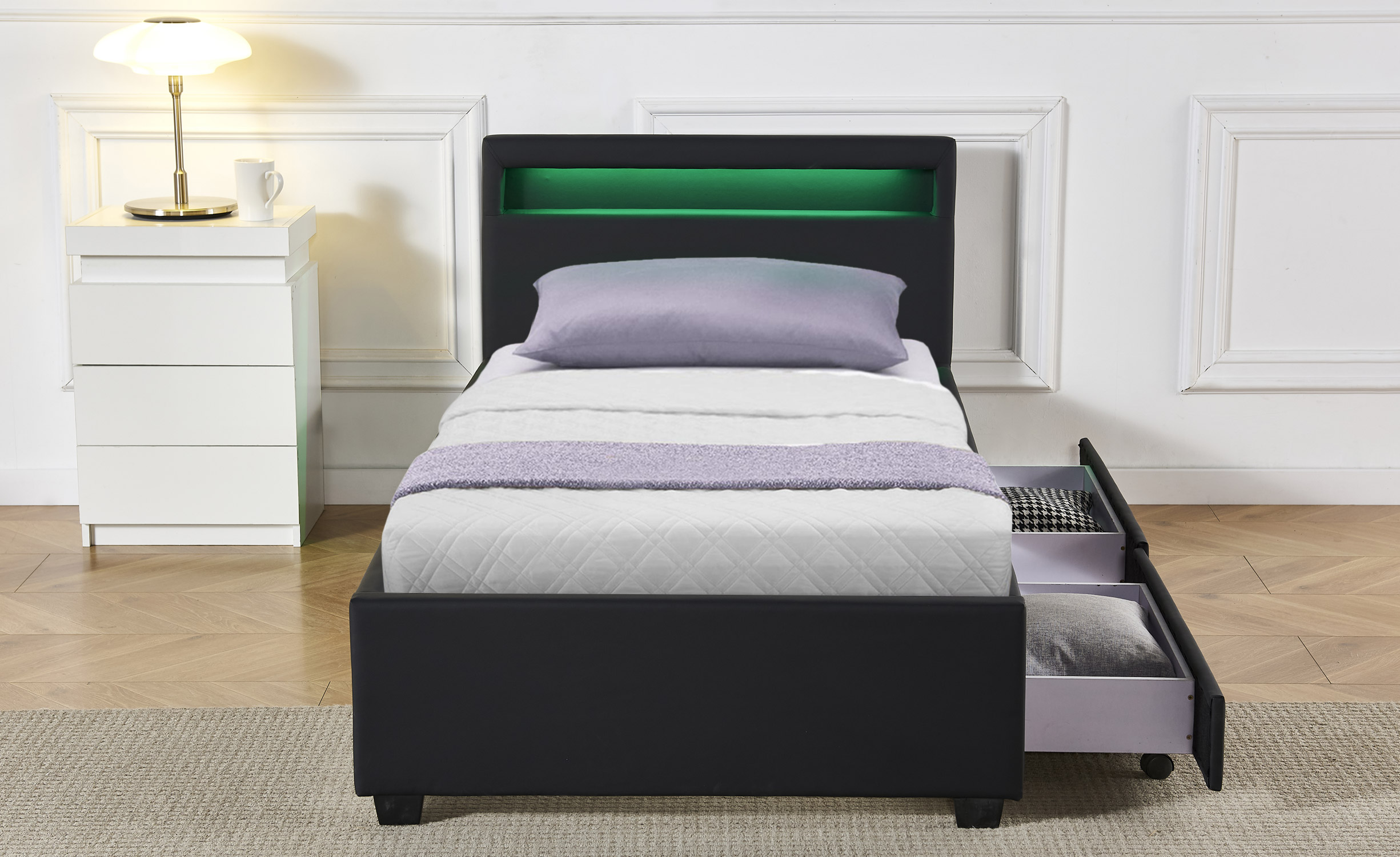 Solaro LED Einzelbett mit integrierten Schubladen und Untergestell 90x190cm Kunstlederbezug Schwarz