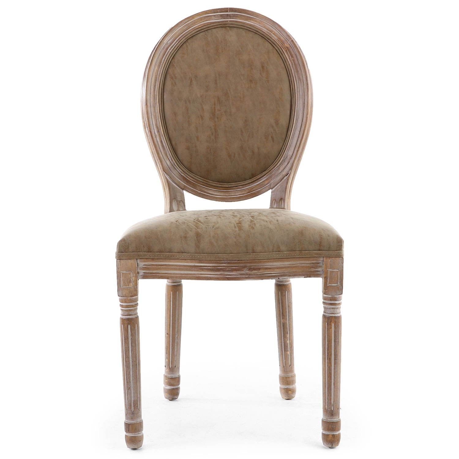 Louis XVI Set mit 2 Medaillon Stühlen, Patiniertes Holz & Kunstleder Taupe