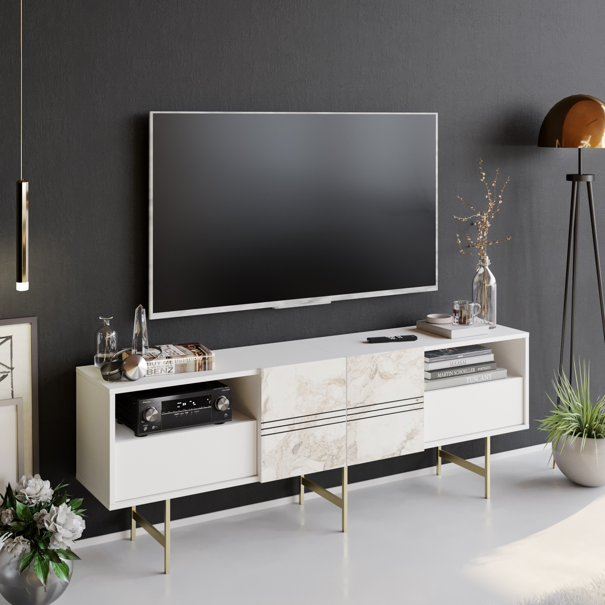 TV-Möbel Disposito B180 cm Türen zum Öffnen und Klappen geriffelt Melaminplatte Metall Weiß